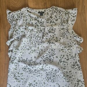 Ann Taylor Factory Floral Ruffle Sleeve Blouse - Grey and Green